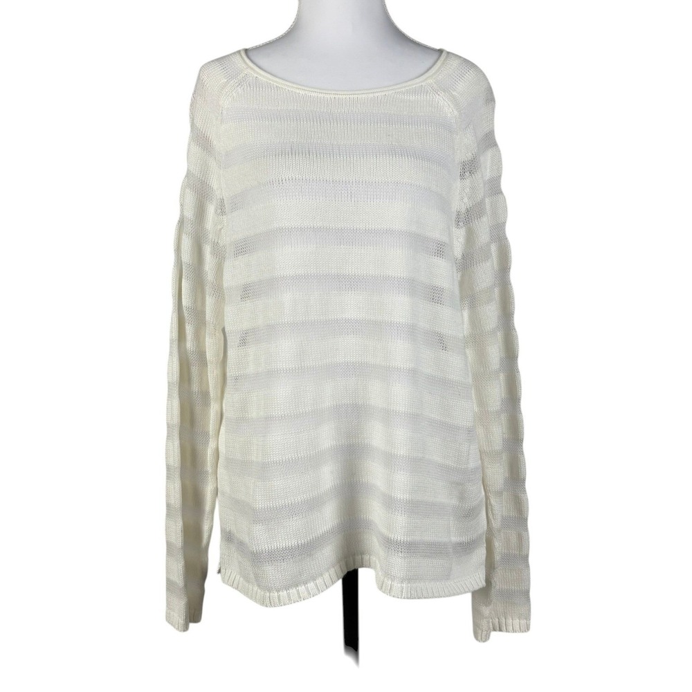 Eileen Fisher Organic Cotton Knit Top Womens M White Sheer Stripe Lagenlook NWT